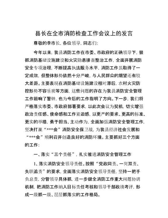 县长在全市消防检查工作会议上的发言