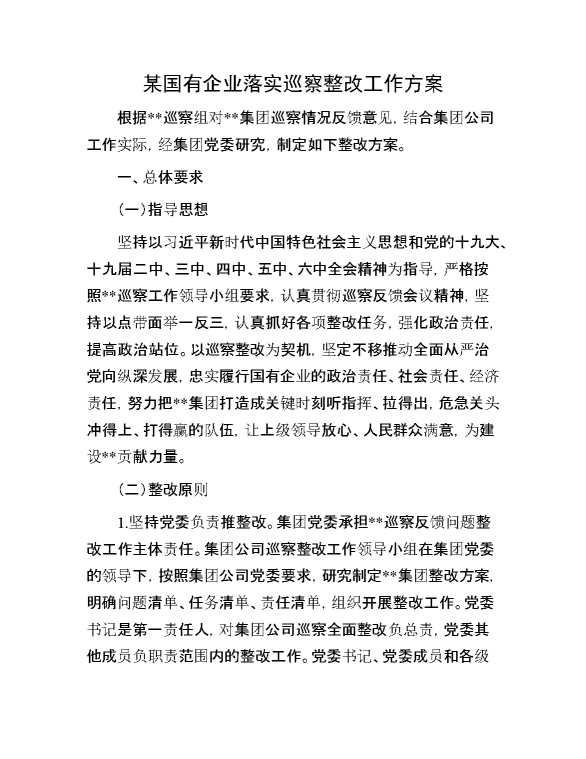 某国有企业落实巡察整改工作方案