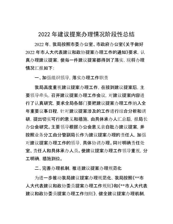 2022年建议提案办理情况阶段性总结