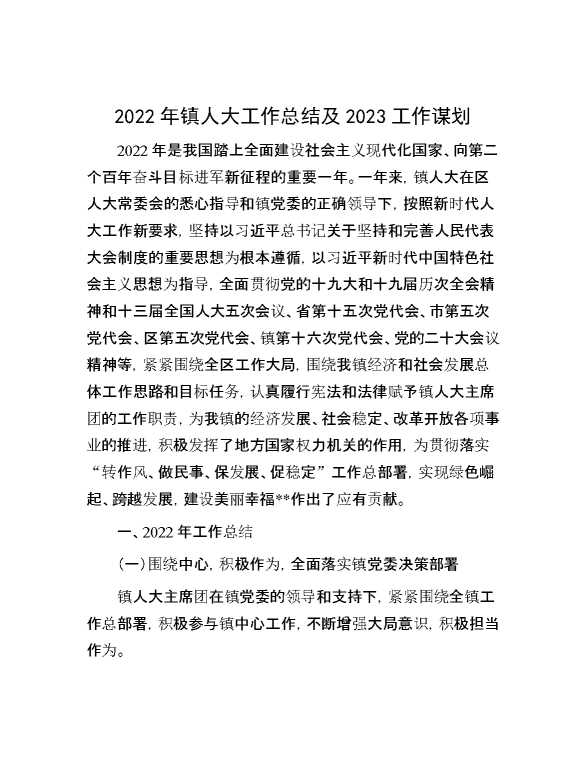 2022年镇人大工作总结及2023工作谋划