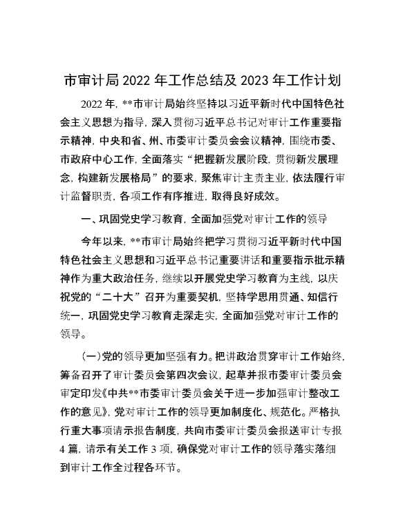 市审计局2022年工作总结及2023年工作计划