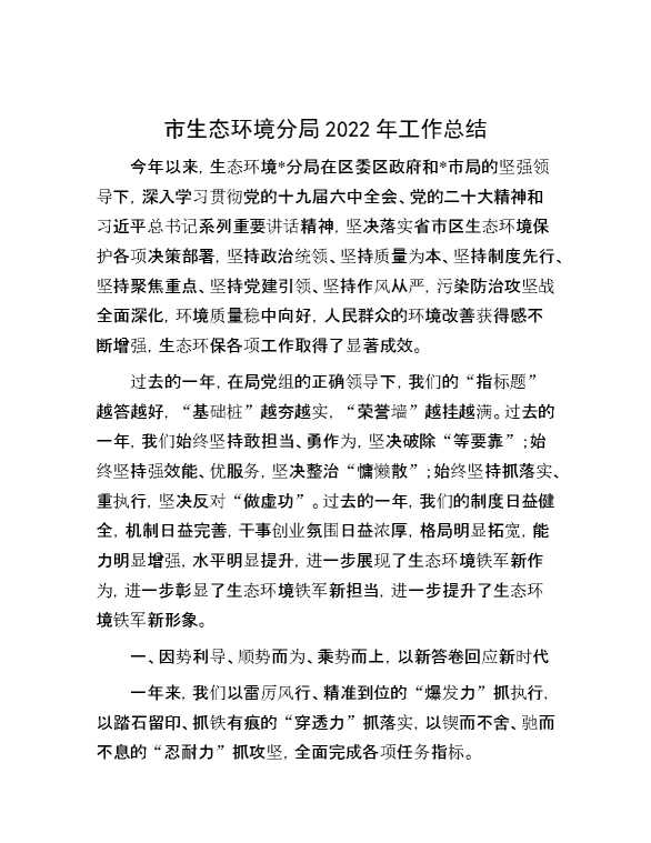 市生态环境分局2022年工作总结