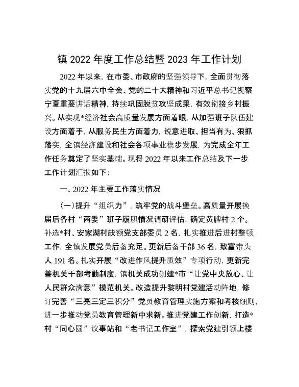 镇2022年度工作总结暨2023年工作计划