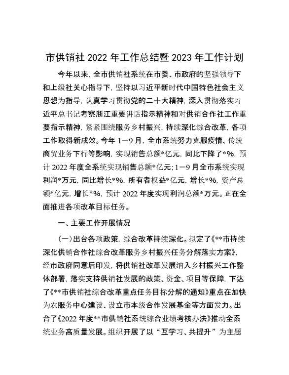 市供销社2022年工作总结暨2023年工作计划