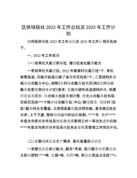 区供销联社2022年工作总结及2023年工作计划