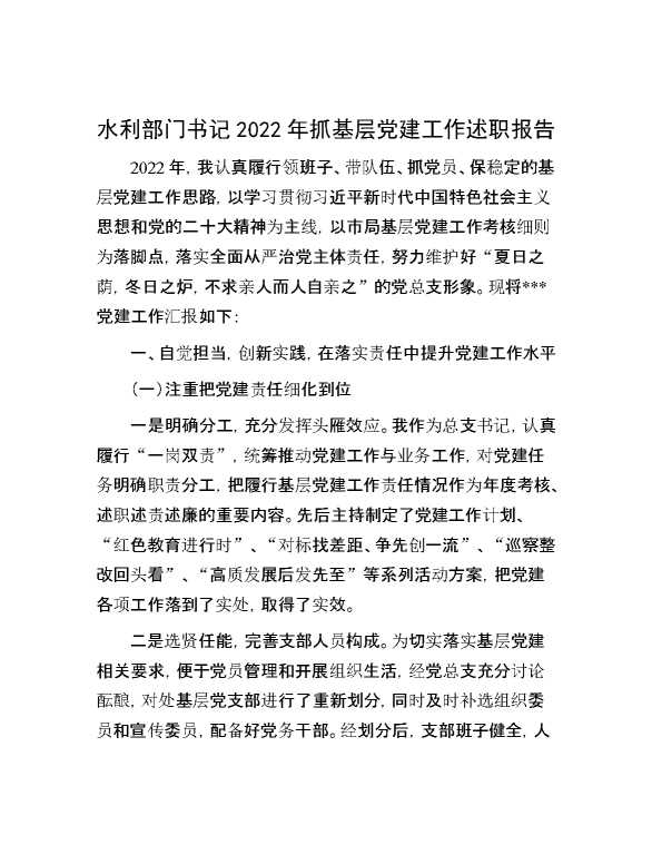 水利部门书记2022年抓基层党建工作述职报告