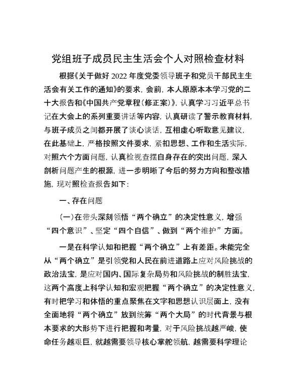 党组班子成员民主生活会个人对照检查材料