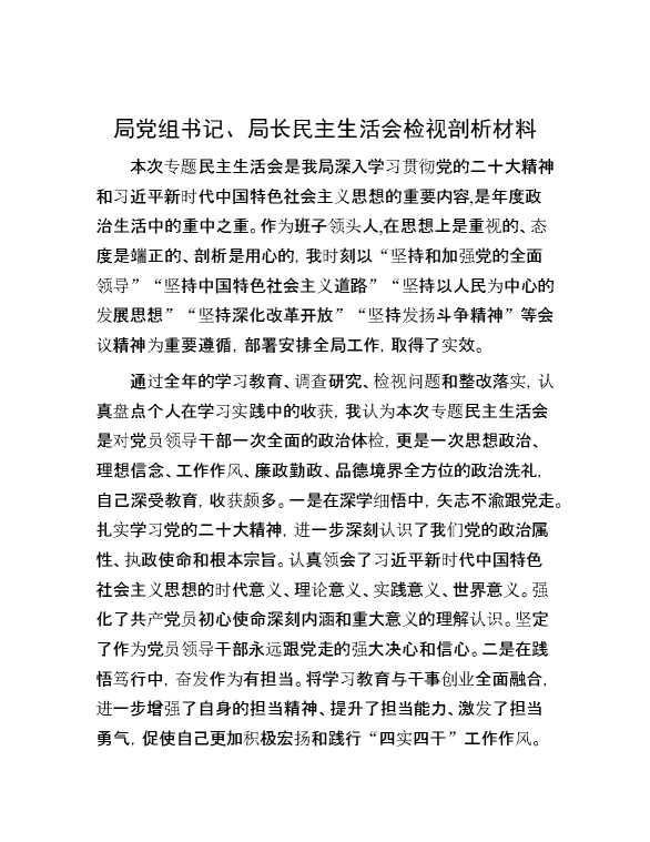 局党组书记、局长民主生活会检视剖析材料