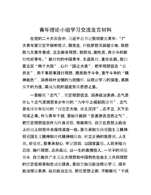 青年理论小组学习交流发言材料