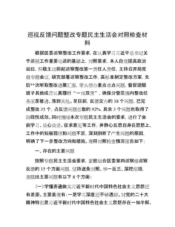 巡视反馈问题整改专题民主生活会对照检查材料