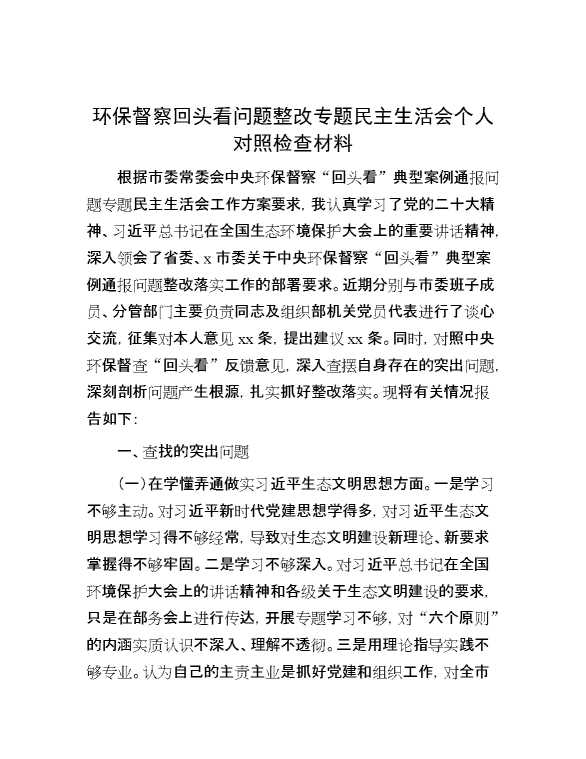 环保督察回头看问题整改专题民主生活会个人对照检查材料