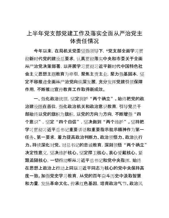 上半年党支部党建工作及落实全面从严治党主体责任情况