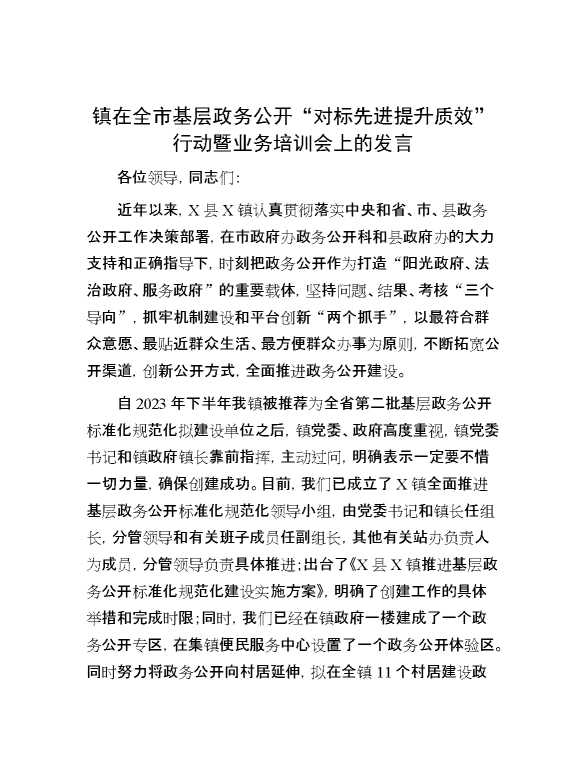 镇在全市基层政务公开“对标先进提升质效”行动暨业务培训会上的发言