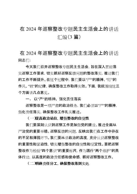 （3篇）在2024年巡察整改专题民主生活会上的讲话汇编