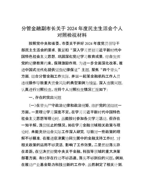 分管金融副市长关于2024年度民主生活会个人对照检视材料