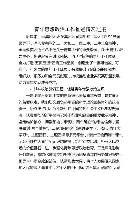 青年思想政治工作推进情况汇报