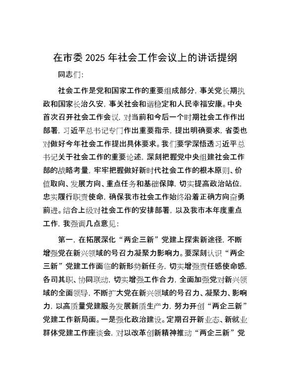 在市委2025年社会工作会议上的讲话提纲