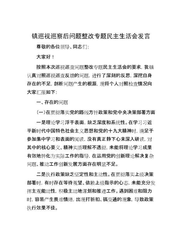 镇巡视巡察后问题整改专题民主生活会发言