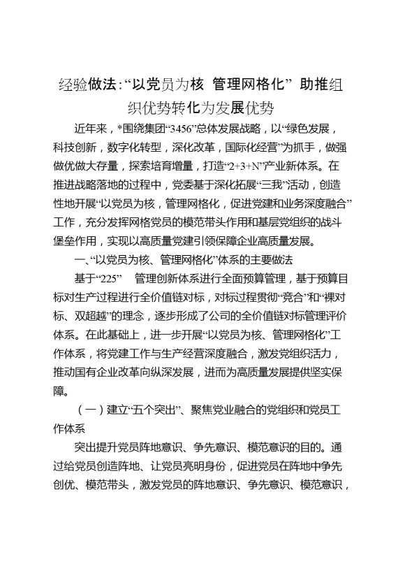 经验做法：“以党员为核,管理网格化”,助推组织优势转化为发展优势