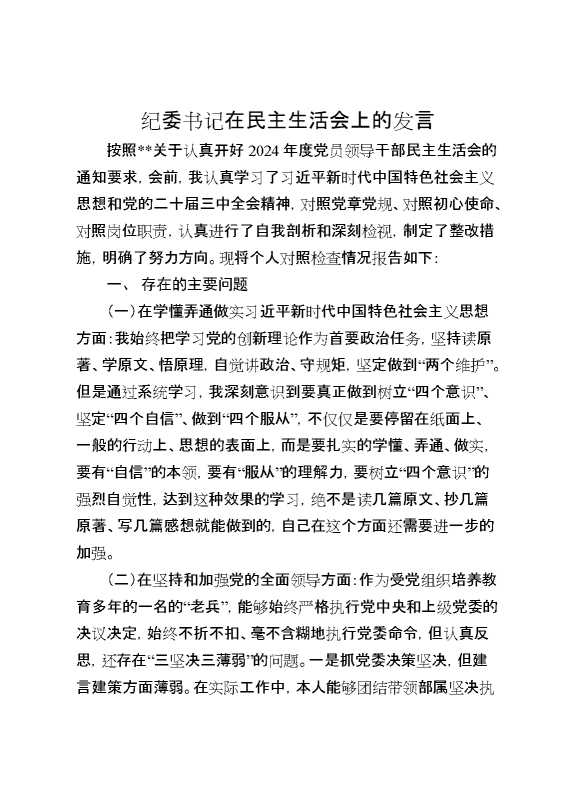 纪委书记在民主生活会上的发言