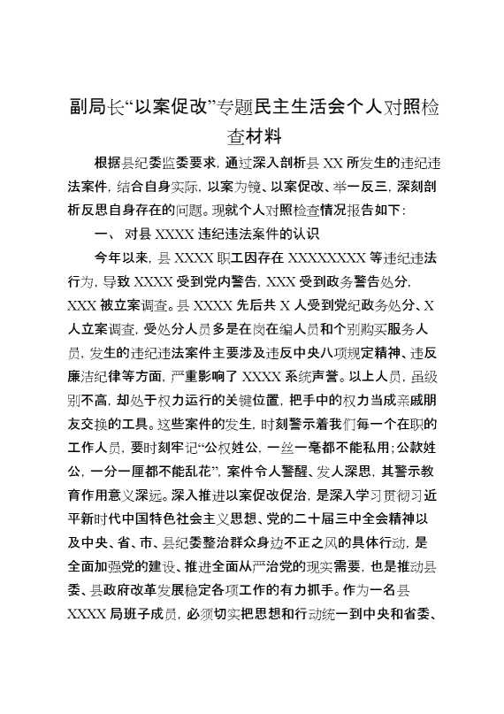 副局长“以案促改”专题民主生活会个人对照检查材料