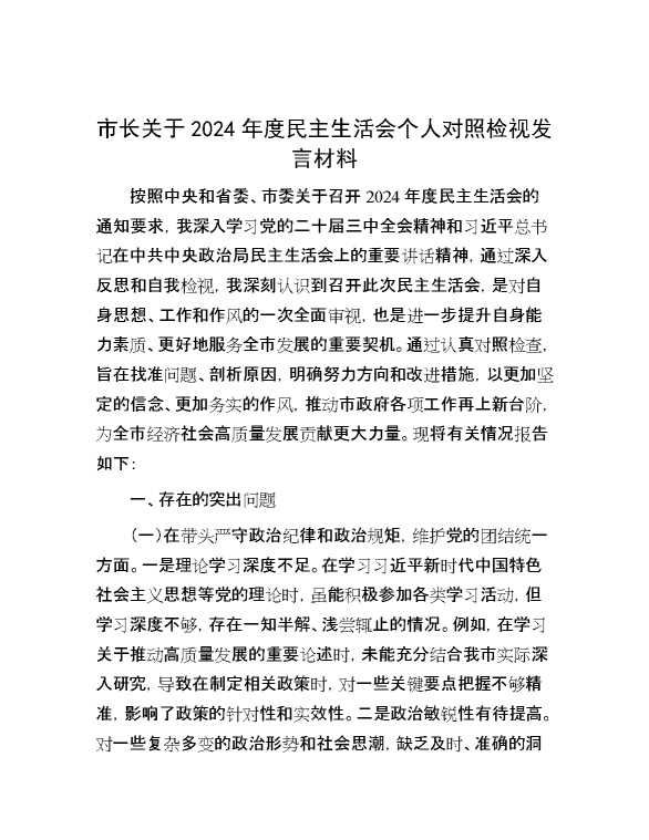 市长关于2024年度民主生活会个人对照检视发言材料