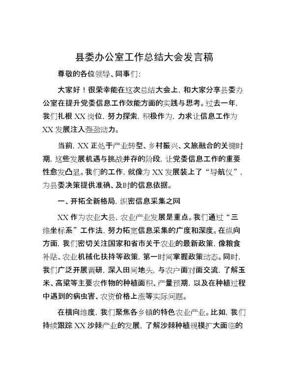 县委办公室工作总结大会发言稿