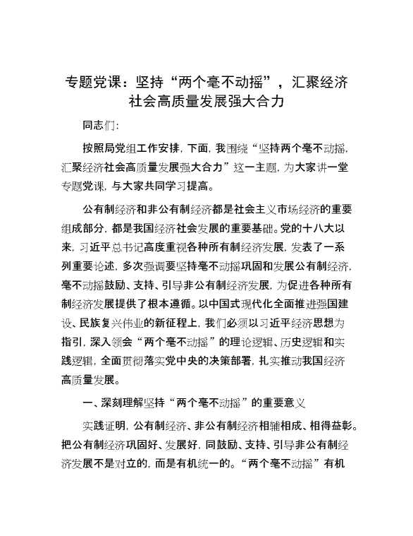 专题党课：坚持“两个毫不动摇”，汇聚经济社会高质量发展强大合力