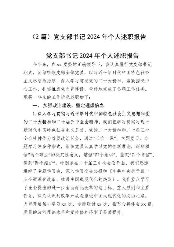 （2篇）党支部书记2024年个人述职报告